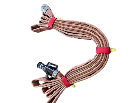Close-up of the 24” Individual Hose Strap (Red) - FFHS-R24 showcasing its heavy-duty Velcro and metal ring, perfect for securing fire hose strap bundles.