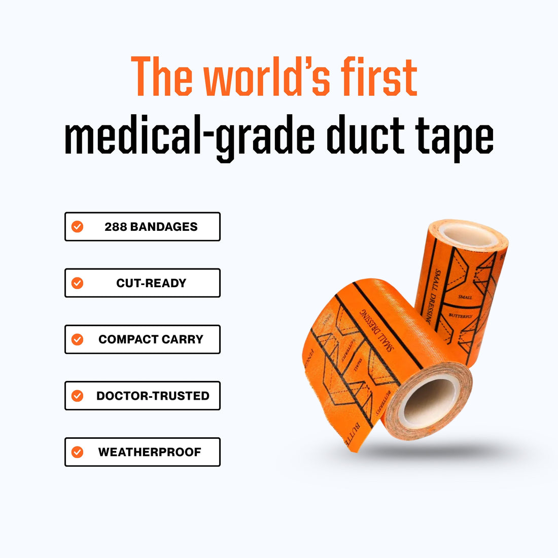 10' Medical Grade Duct Tape roll showcasing its travel-ready design, ideal for first aid and emergencies.