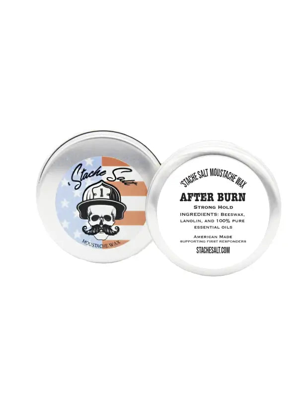 Round tin container featuring a skull logo for After Burn Strong Hold Moustache Wax