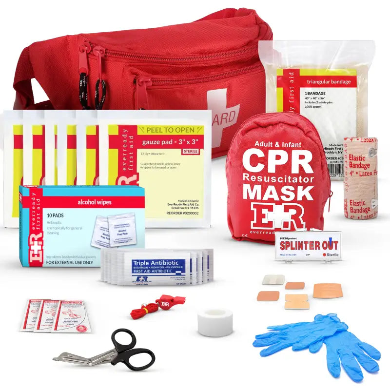 First aid kit contents featuring Fanny Pack with Infant CPR Masks and adult CPR masks