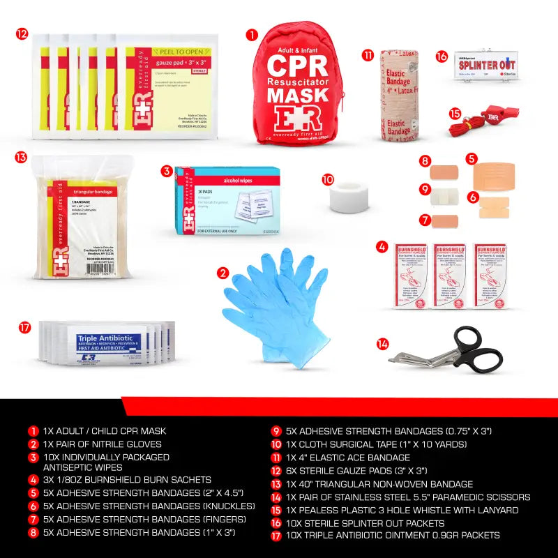 First aid kit contents including infant CPR masks and adult CPR masks in Fanny Pack