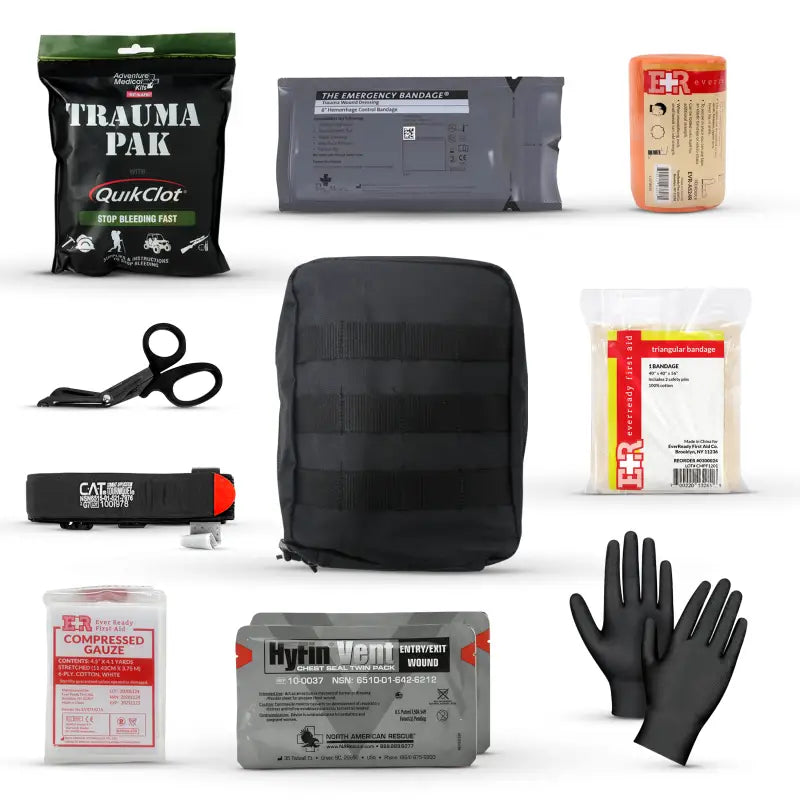 First aid kit contents for trauma response in firefighter, police, and first responder scenarios