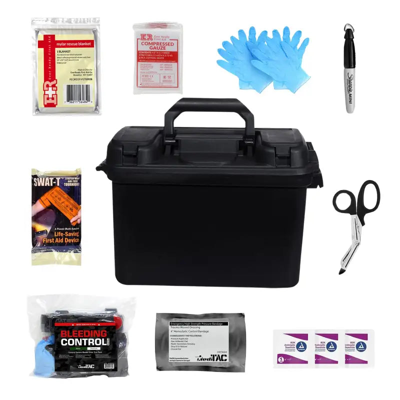 First aid kit with medical supplies for first responders, firefighters, and police