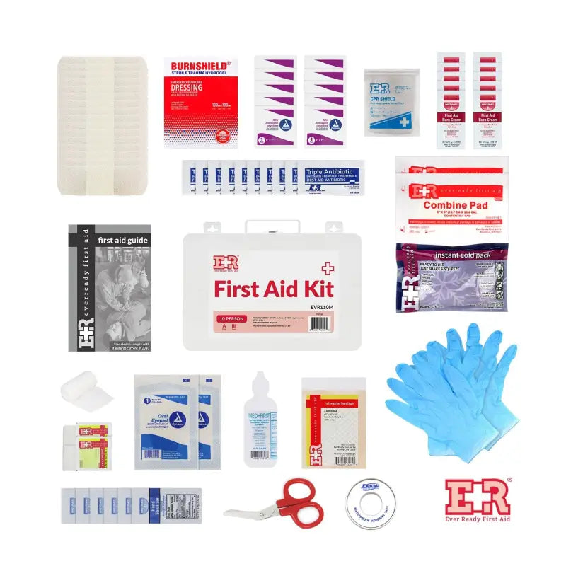 First aid kit with supplies in a metal case for first responders and firefighters