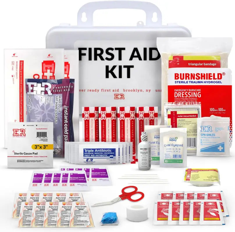 First aid kit with supplies in plastic case for first responders and firefighters