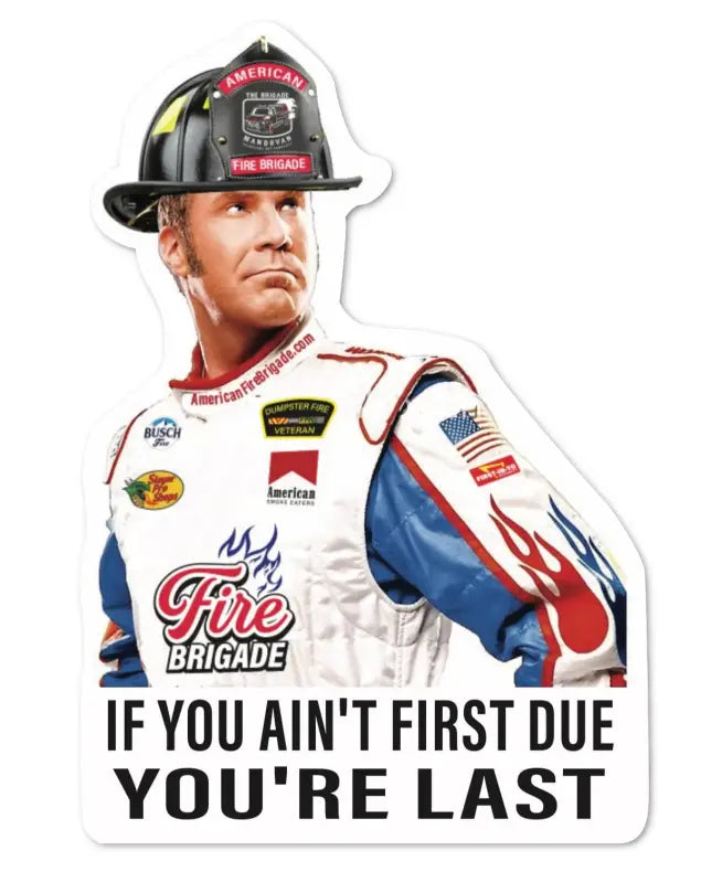 Racing driver in helmet and suit with Fire Brigade branding on Ain’t First Sticker