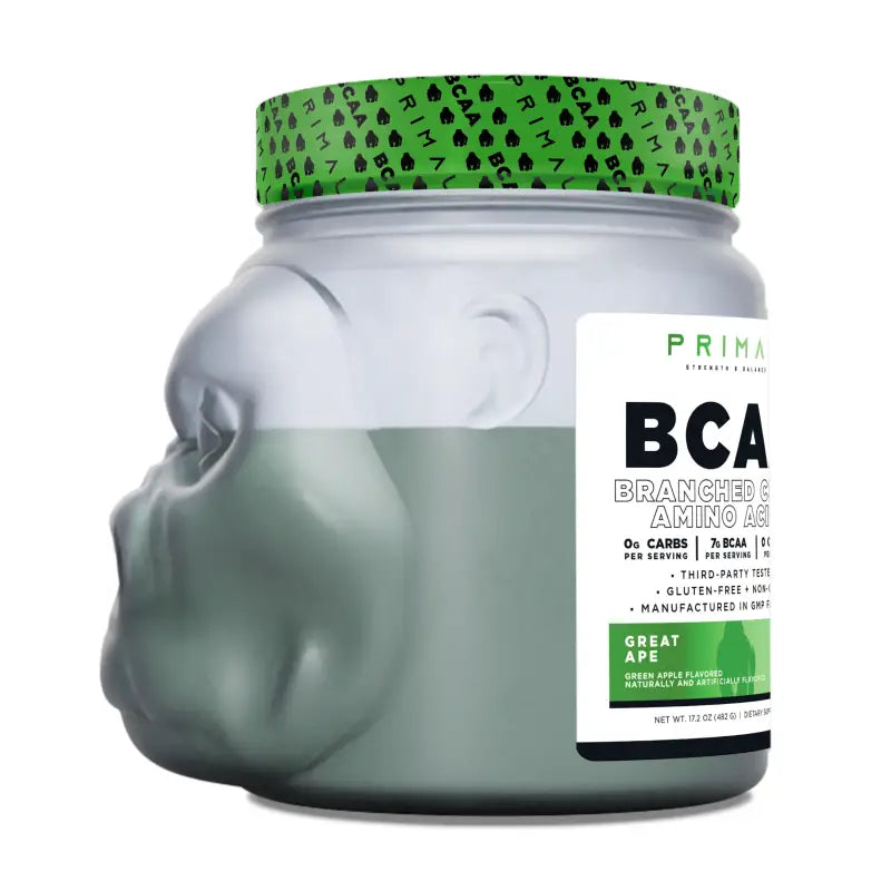 Ape-shaped container of BCAA supplement Post Recovery for first responders firefighters police