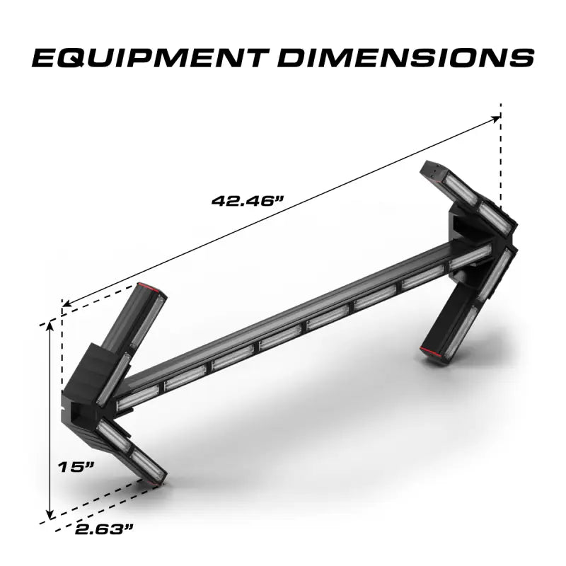 Arrow-shaped light bar with dimensions on Feniex Quantum Arrow Board for first responders