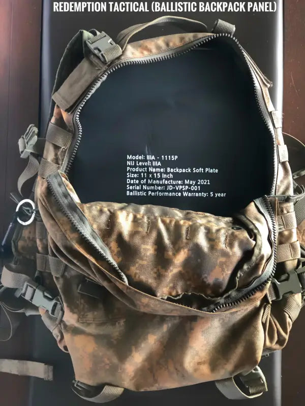 Ballistic backpack soft panel with body armor NIJ Level IIIA from Redemption Tactical