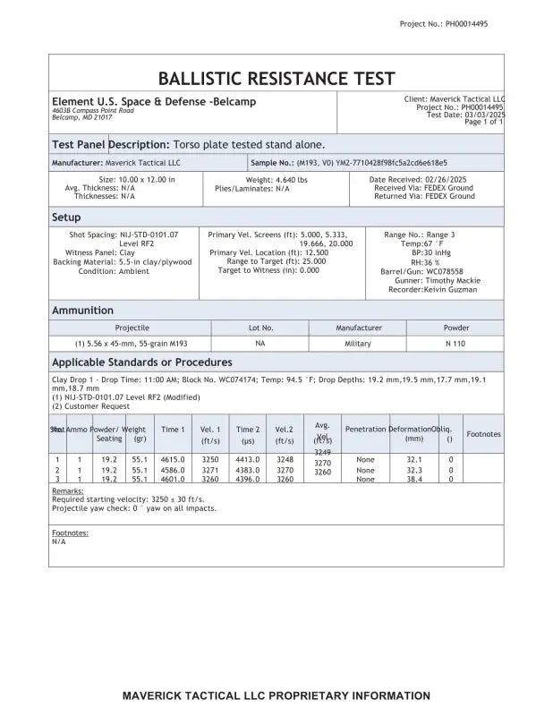 Ballistic resistance test report for YM2 YL2 Hybrid Body Armor Plate with silicone carbide ceramic