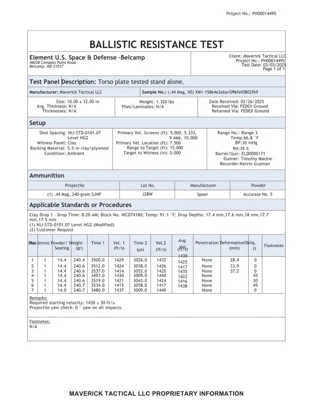 Ballistic Resistance Test Report for XM1 XL1 Multi-Curve Body Armor Plate Level HG2