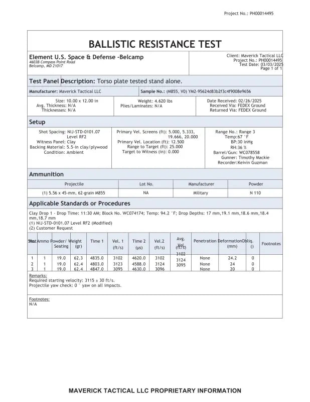 Ballistic resistance test report for YM2 YL2 Hybrid Body Armor Plate with silicone carbide ceramic