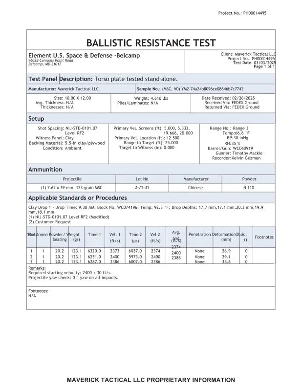 Ballistic resistance test report for YM2 YL2 Hybrid Body Armor Plate with silicone carbide ceramic