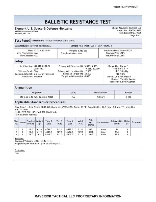 Ballistic resistance test report for YM4 Body Armor Plate Level SRT special rifle threat