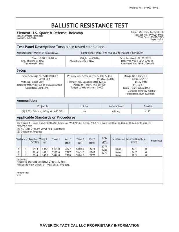 Ballistic resistance test report of YM2 or YL2 hybrid body armor plate with silicone carbide ceramic