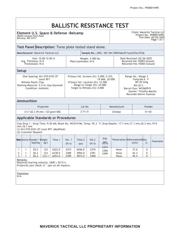 Ballistic resistance test report for YM1 YL1 body armor plate Level RF1 III