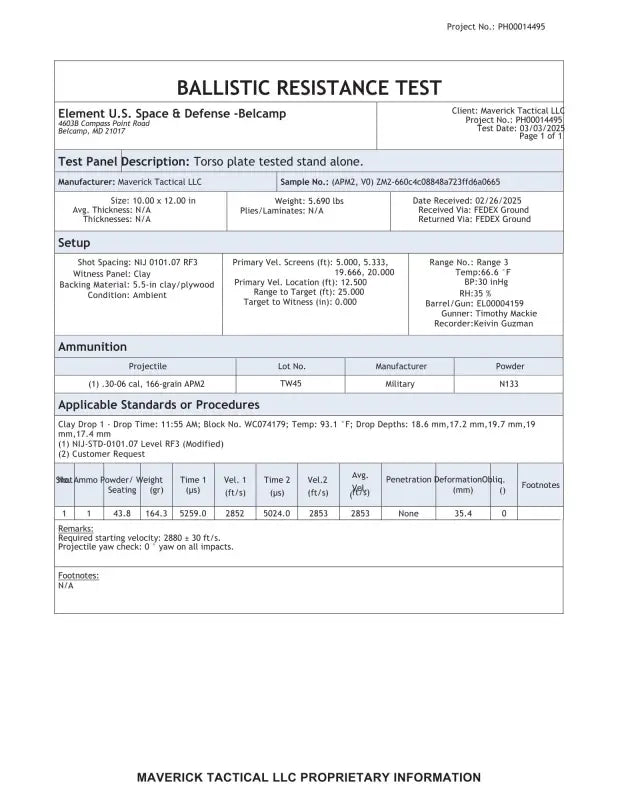 Ballistic resistance test report for ZM2 ZL2 Body Armor Plate with Silicone Carbide Ceramic