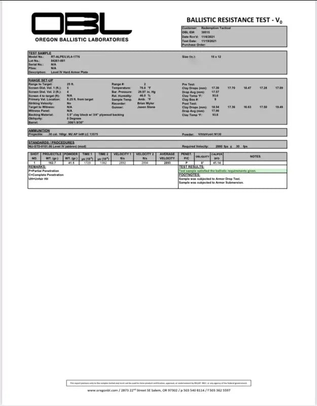 Ballistic resistance test report for CRUSADER 2.0 ARMOR KIT lightweight Level IV body armor