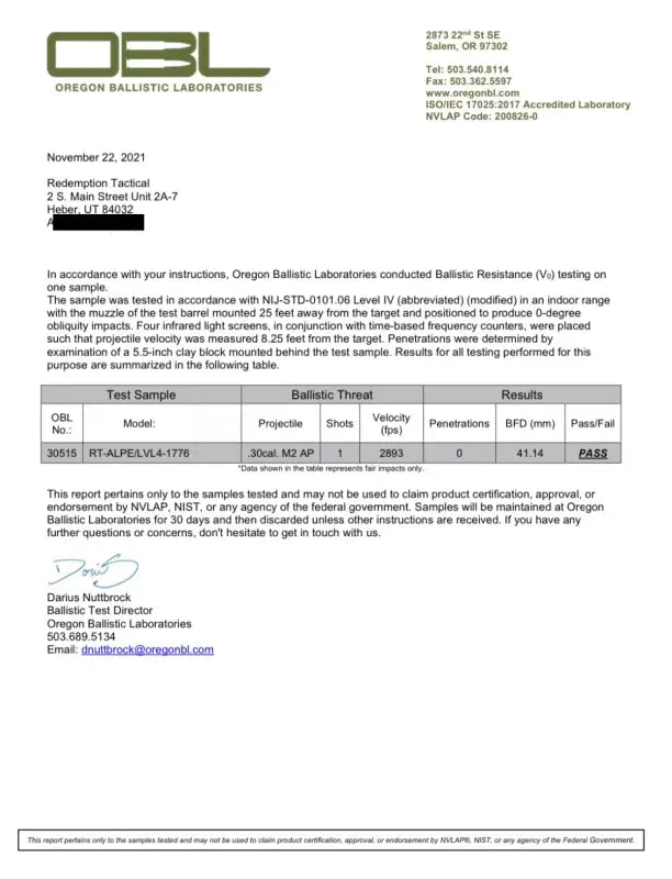 Ballistic resistance test report for CRUSADER 2.0 ARMOR KIT body armor by Redemption Tactical in large size