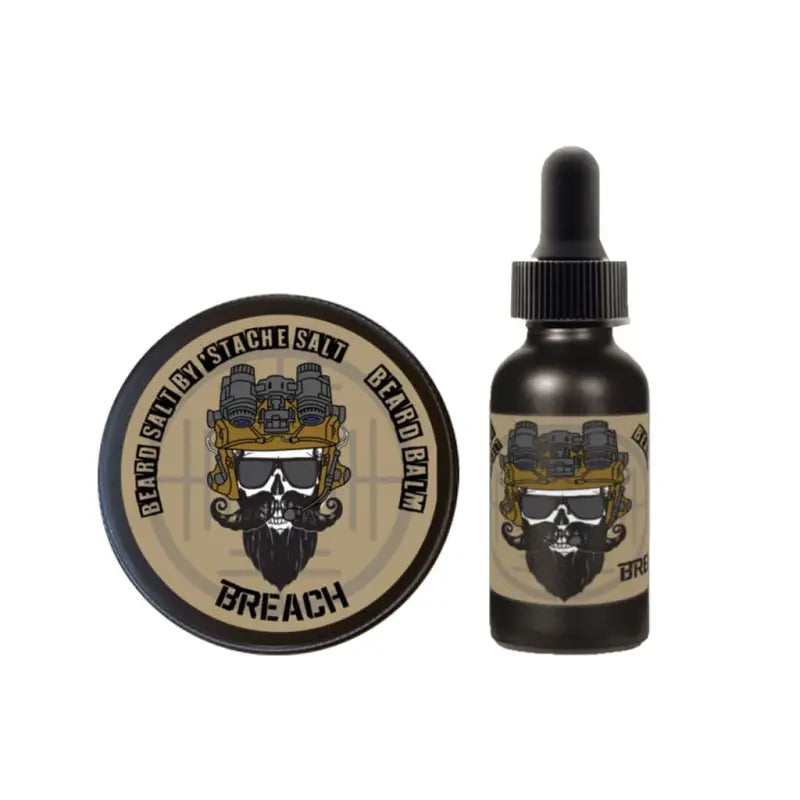 Breach Beard Set with balm container and oil dropper featuring military-style logos