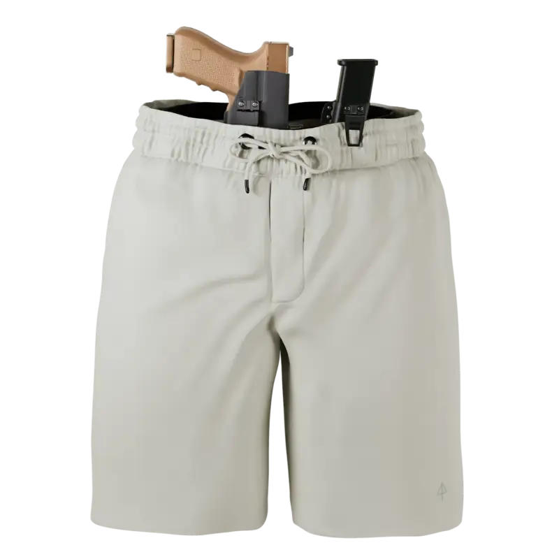 Beige carrier shorts with concealed carry firearm from Arrowhead Tactical Apparel