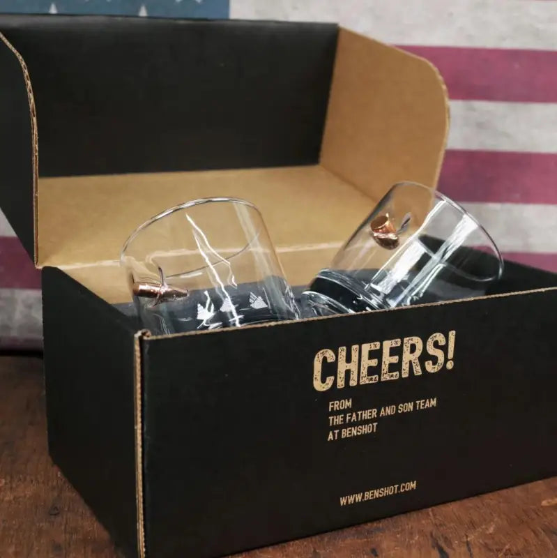Black gift box featuring 11oz rocks glasses with CHEERS! for BenShot Gift Sets