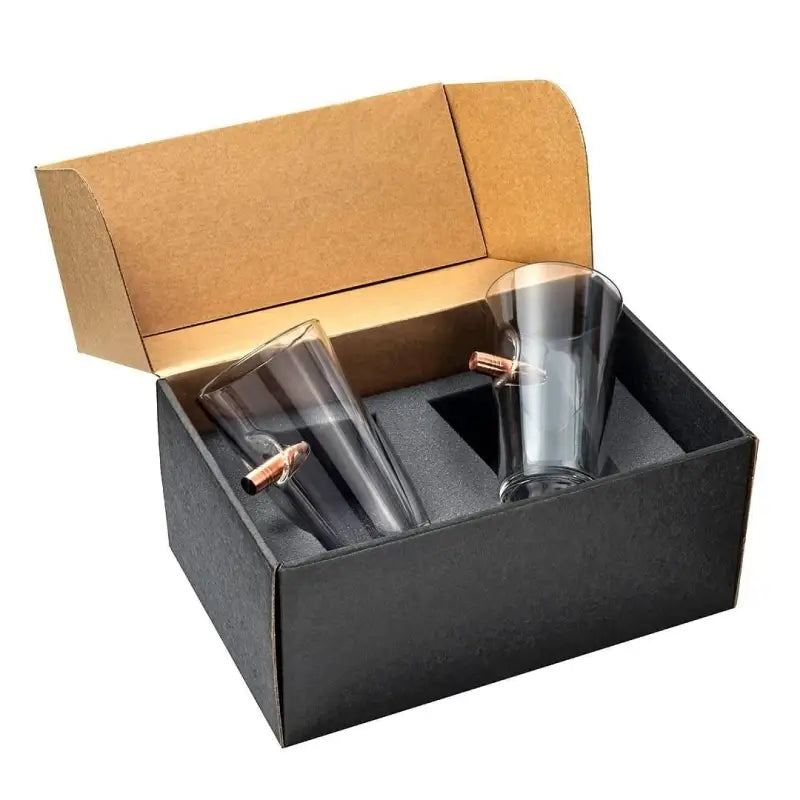 Gift box with BenShot Pint Glass - two 16oz tumblers and metallic bullet accents