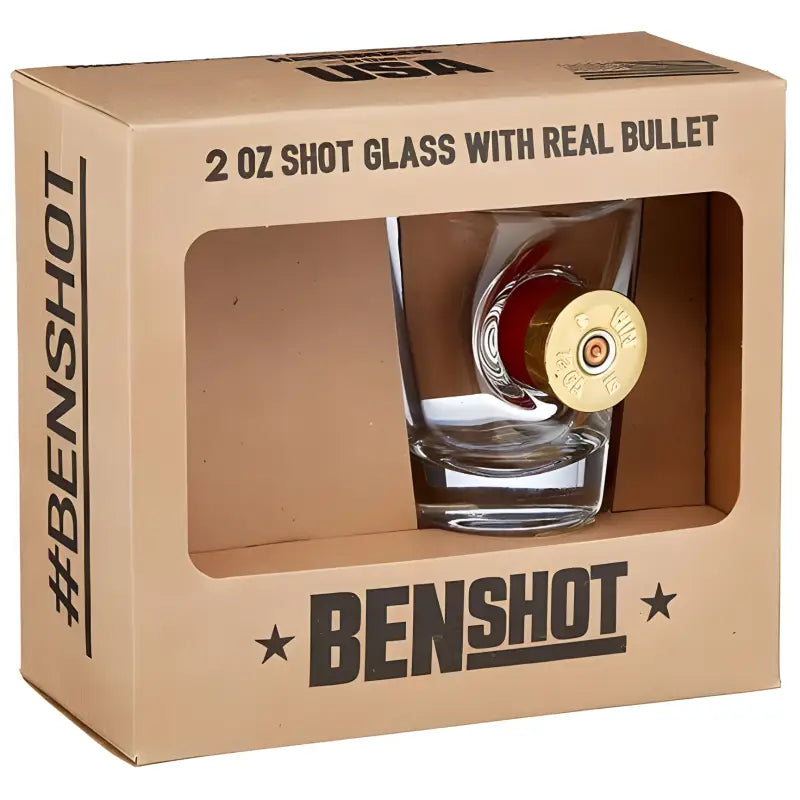 BenShot Shotgun Shell Glass featuring real bullet in retail packaging design