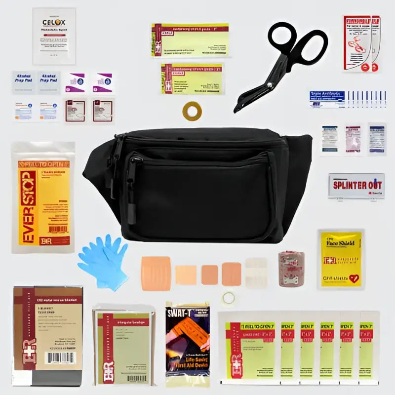 Black first aid fanny waist pouch for responders and firefighters with essential supplies