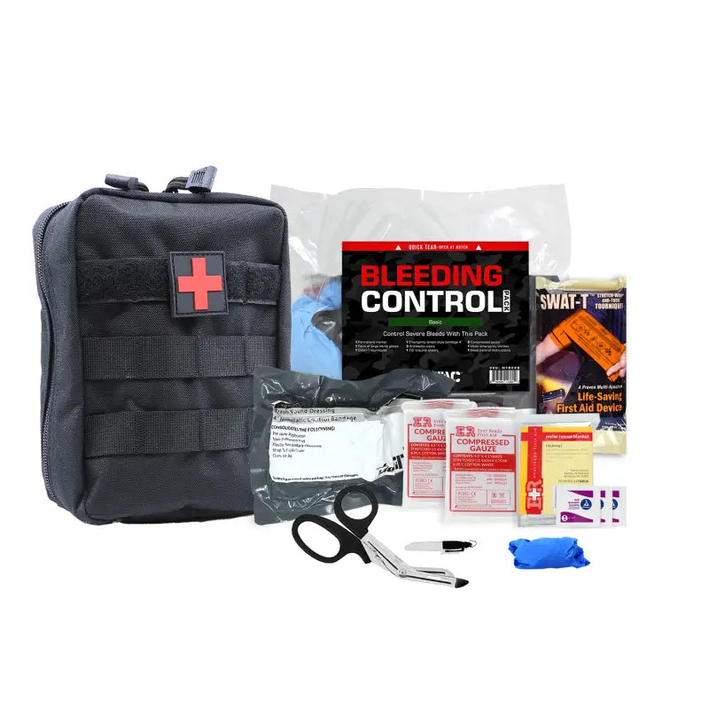 Black SWAT-T Basic Bleeding Control Kit with medical supplies for first responders and firefighters