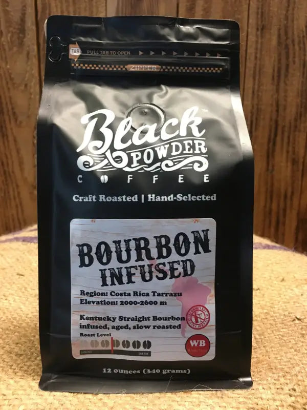 Black bag of bourbon infused coffee made from Costa Rican Tarrazu beans, 12 ounces