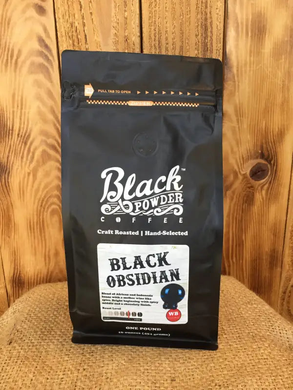 Black Obsidian Coffee Blend bag with craft roasted Black Powder obsidian coffee