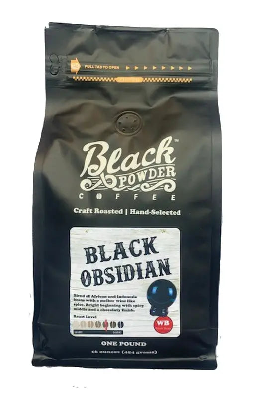 Black Obsidian Coffee Blend bag featuring Black Obsidian Coffee roast, one pound weight