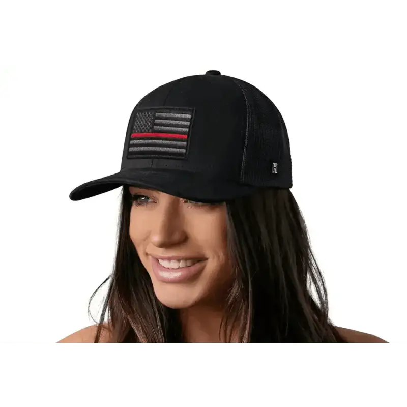 Black Fire Snapback with Grayscale American Flag and Thin Red Line for Red Line Trucker Hat