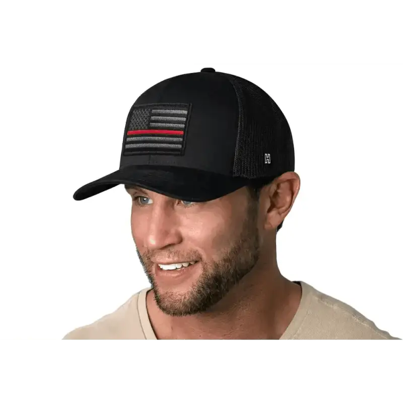 Black Fire Snapback with Thin Red Line American Flag patch, perfect red line trucker hat