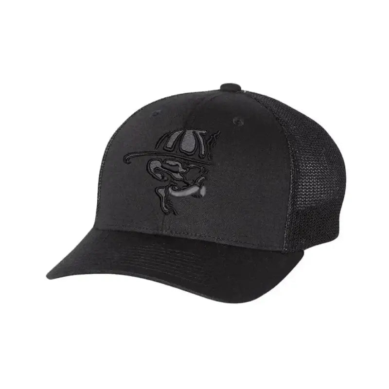 Black fitted trucker cap with dark embroidered Screaming Skull logo and mesh backing