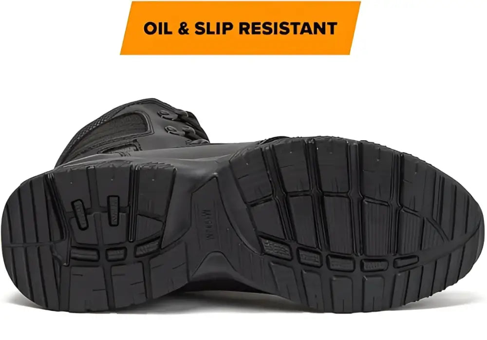 Black boot sole of MAG LYNX 8 inch law enforcement tactical boot for first responders