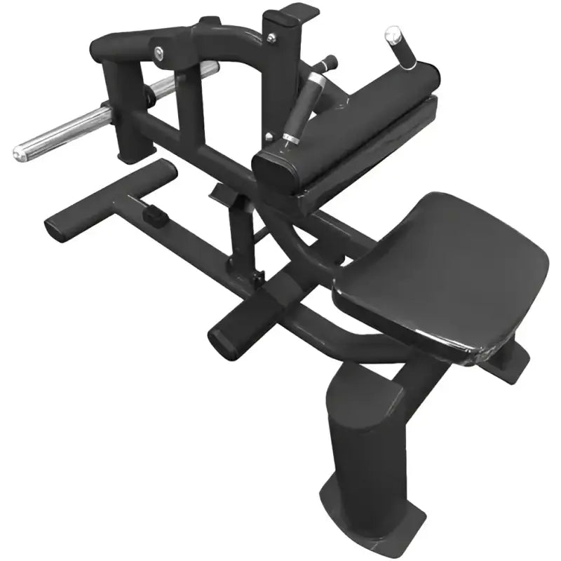 Black calf raise machine SFE Seated Calf Raise featuring adjustable thigh support and plate loaded design