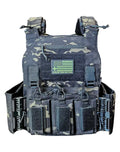 Black camouflage tactical plate carrier by Redemption Tactical with multiple pouches and standard 10x12 plate slots