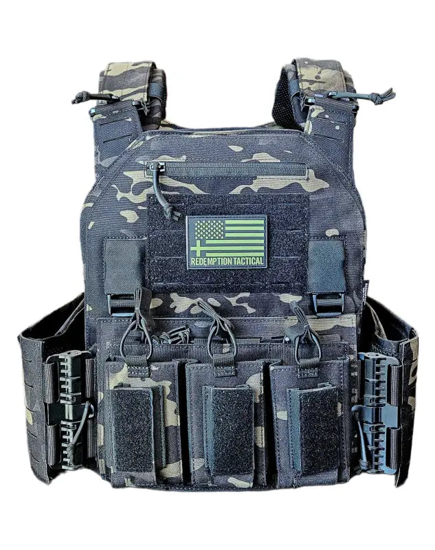 Black camouflage tactical plate carrier by Redemption Tactical with multiple pouches and standard 10x12 plate slots