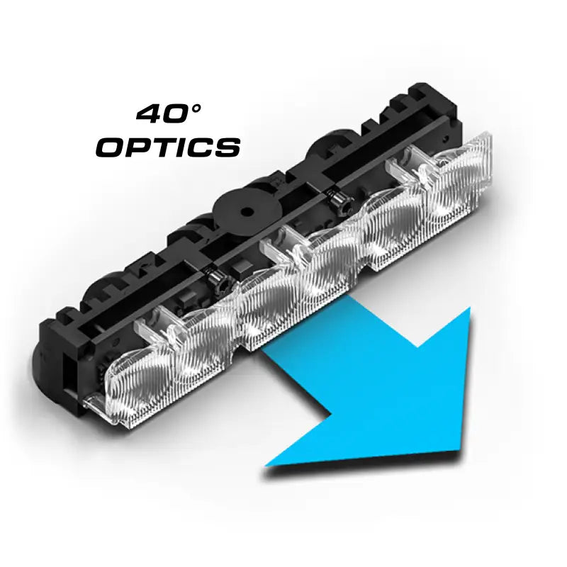Black and clear LED light bar with blue arrow on Feniex Fusion Work Light for optimal visibility