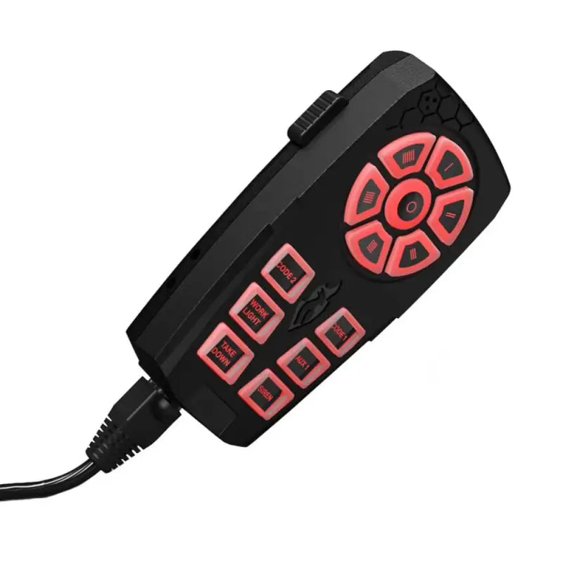 Black control panel with illuminated buttons on Feniex Typhoon Handheld Siren for easy operation