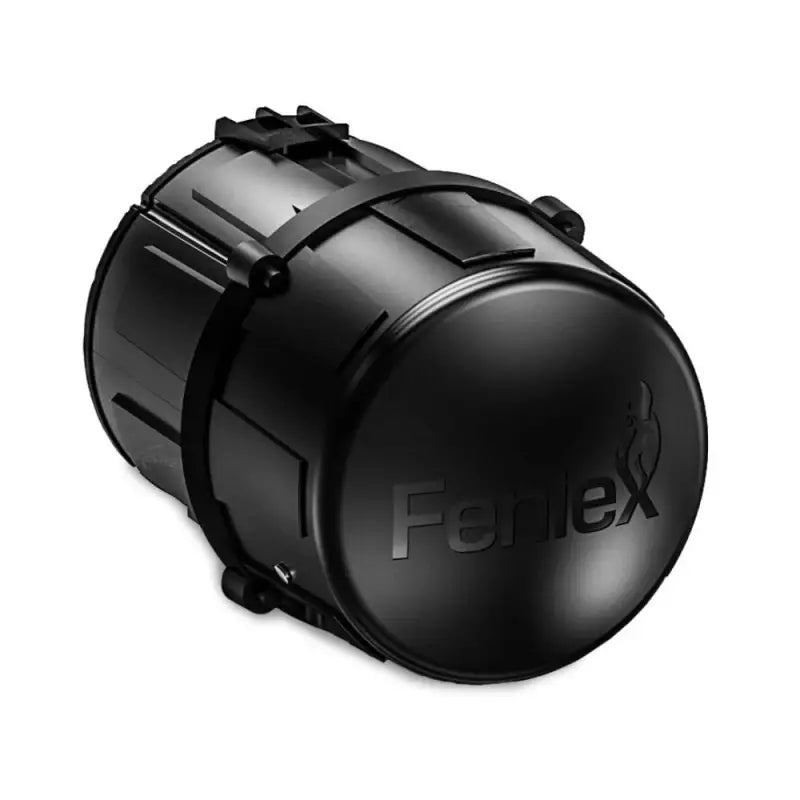 Black cylindrical Feniex Hammer Low-Frequency Siren container with straps for first responders