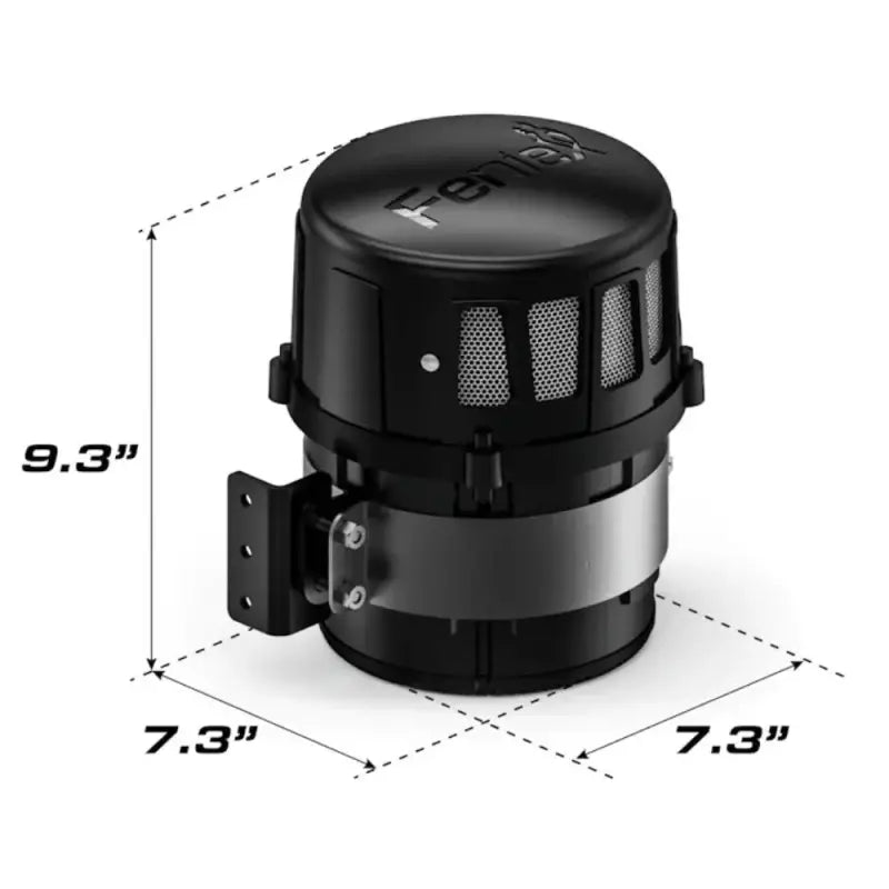 Black Feniex Hammer low-frequency siren device with mounting bracket and dimensions for first responders
