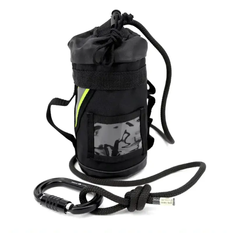 Black cylindrical drawstring pouch with clear window for Personal Rope + Bailout Kit