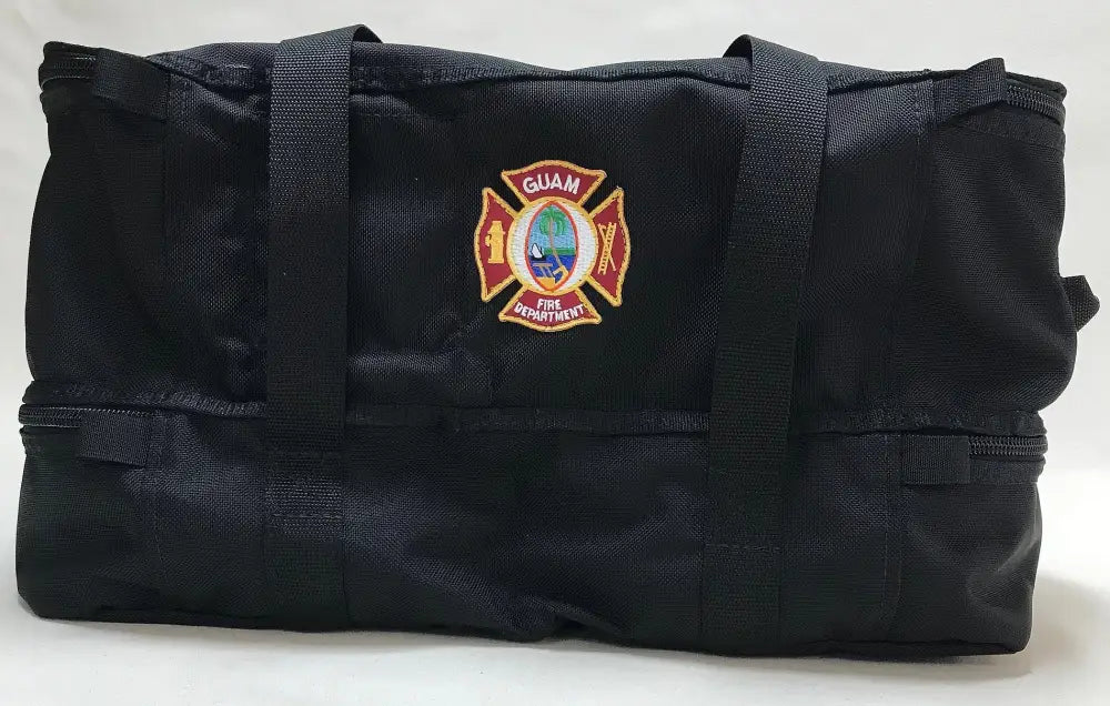 Black duffel gear bag with Guam Fire Department emblem and suede leather wrap