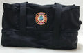 Black duffel gear bag with Guam Fire Department emblem and suede leather wrap