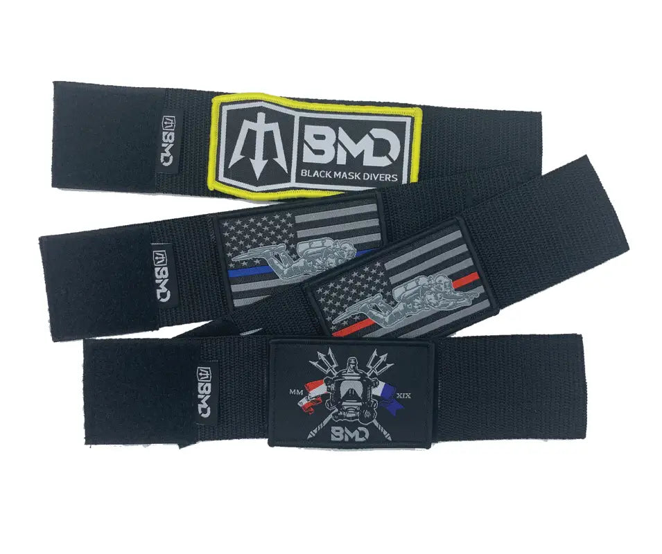 Black elastic straps with embroidered patches for BMD Slap Straps and first responders