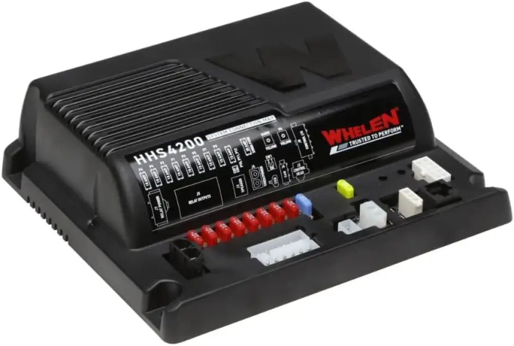 Black Whelen siren amplifier with hand-held controller for emergency alert systems
