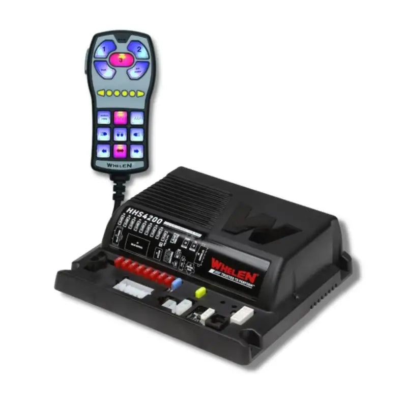 Black Whelen siren amplifier with remote control for emergency vehicles